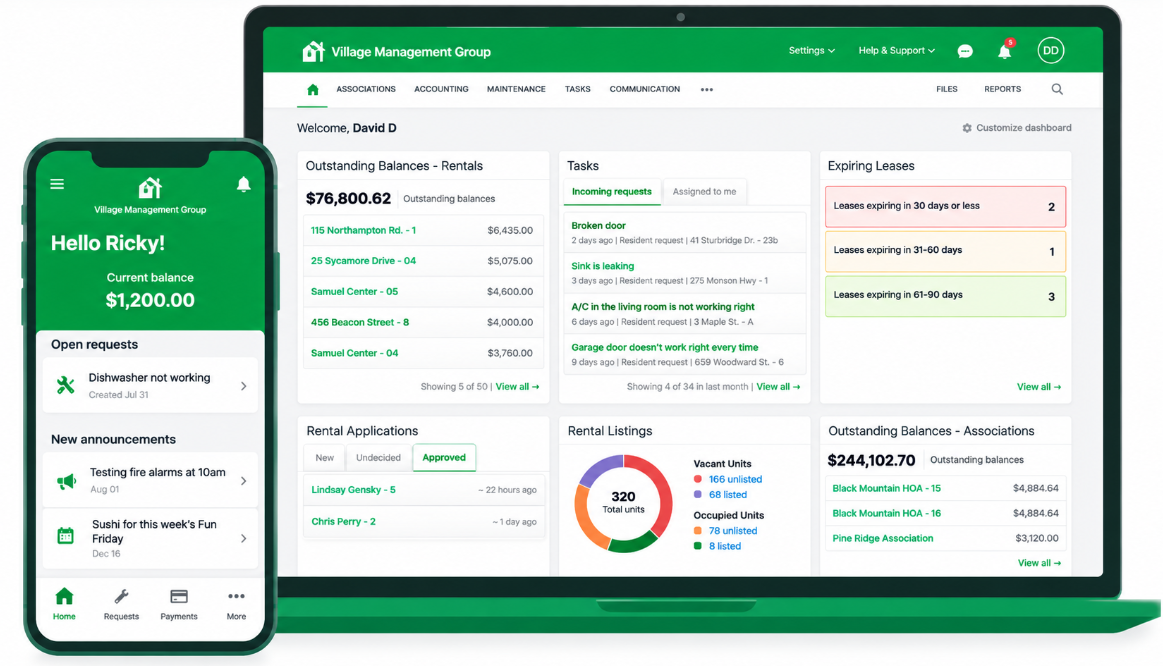 Rentvine dashboard on laptop and phone